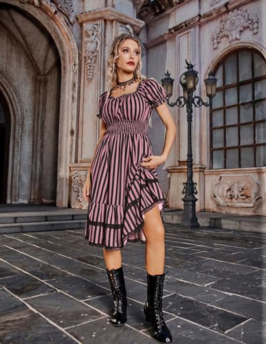 Image of Scarlet Darkness Womens Gothic Pirate Corset A Line Midi Dress with Pockets | Convertible Square /Off Shoulder, Puff Sleeves, Smocked Waist, Pockets, Tiered A-Line Hem. For Daily, Gothic & Witch Cosplay