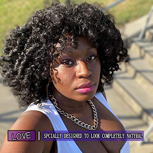 YEAME Curly Wigs for Black Women - Afro Curly Wig with Bangs, Natural Black, Heat Resistant, 15" Full Wig, 150% Density, Glueless, 1 Count