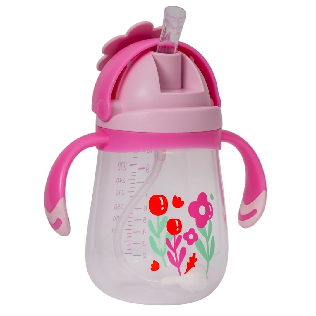 Adore Flora! Baby Straw Sipper with Gravity Ball & Twin Handle | Anti Spill Lock | Soft Silicone Straw-300ml (Pink)