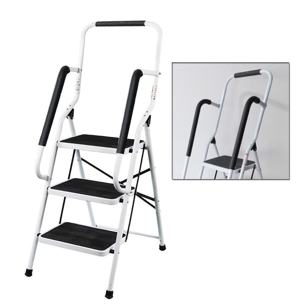 3 Step Steel Ladder Heavy Duty Portable Folding Ladder Non-Slip Ladder with Safety Guardrail, 150kg Load Capacity