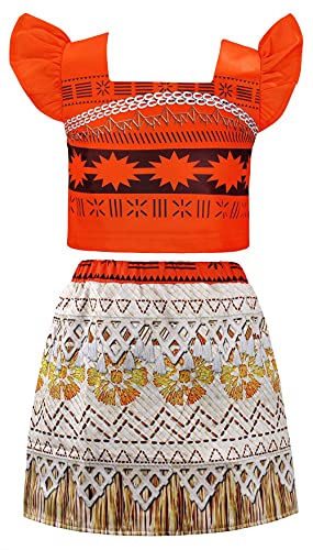 Cotrio Moana Princess Costume For Girls Birthday Party Dresses Toddler Kids Two-Pieces Skirt Set Halloween Dress Up Outfits Size 3T (2-3 Years, Orange, Necklace And Flower Hair Clip) #TOP1