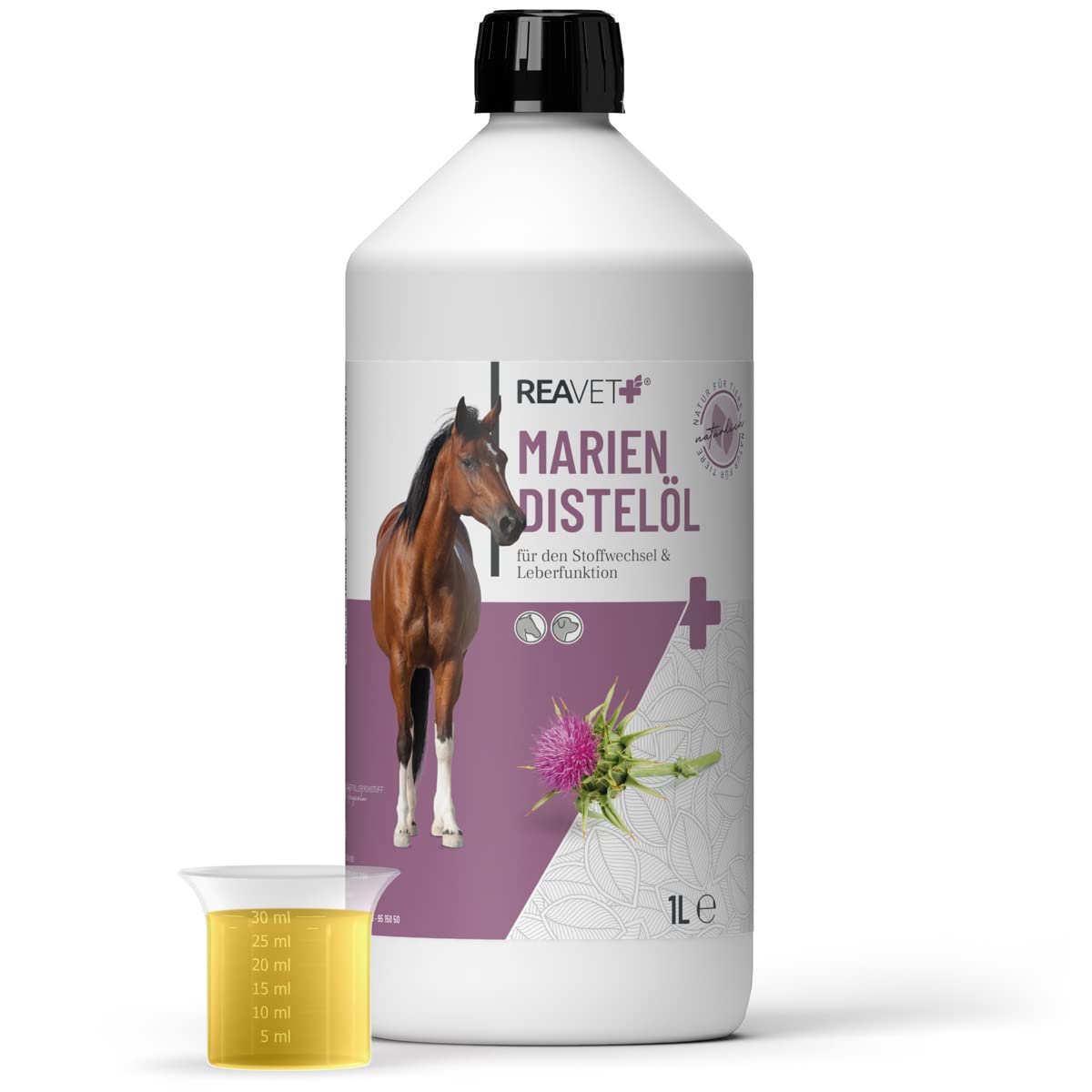 ReaVET Mariendistelöl für Hunde & Pferde 1 Liter – Naturrein in Lebensmittelqualität – Barf Zusatz, Distelöl Hund, Barf Öl Mariendistel-Öl Hund I Reich an Vitamin E, Omega-6, Omega-9