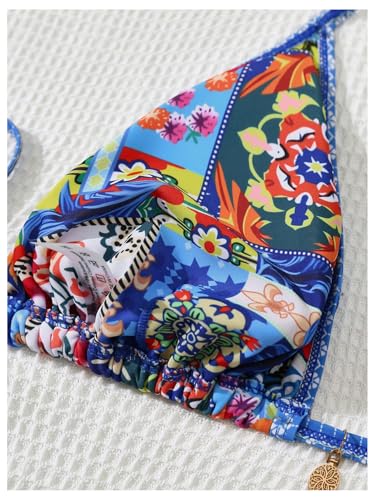 MakeMeChic Women's Plus Size 2 Piece Boho Floral Bikini Set Halter Paisley String Summer Swimsuit Bathing Suit4