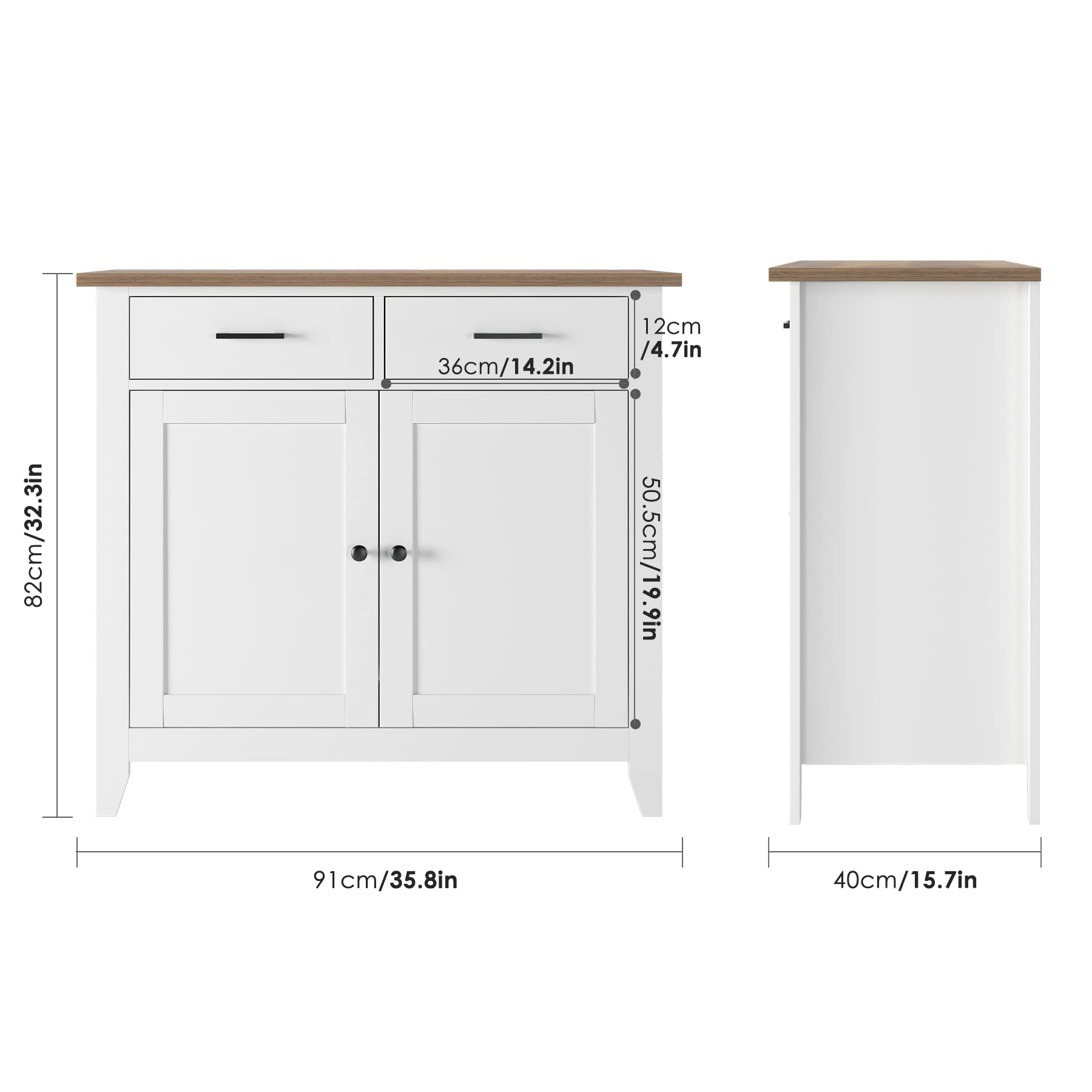 HOCSOK Küchenschrank mit Arbeitsplatte, Sideboard mit 2 Schubladen und 2 Türen, Buffetschrank für Küche, Wohnzimmer, Esszimmer, Flur, Holz, Landhausstil