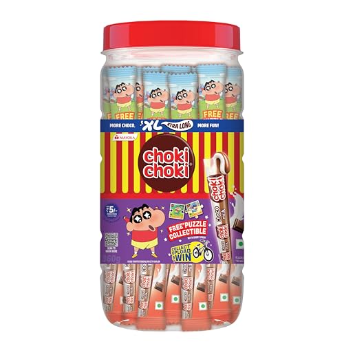 Image of Choki Choki XL Chocolate Paste Sticks Jar 360g (40 x 9g) | Extra Long Choco Milk Squeezy Tubes | Kids Snack with Free Puzzle Collectible | Vegetarian CHOKI CHOKI (Pack of 2).