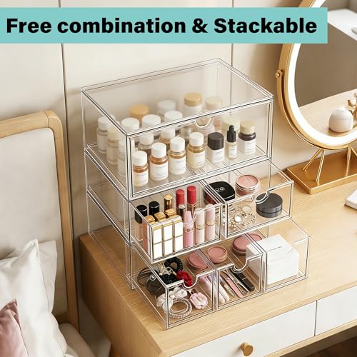 Image of Prsildan Acrylic Makeup Organizer, 3 Pack Stackable Clear Storage Drawers for Baby Bottles Desk Organizers with 3 Drawers for Countertop Vanity Nursery Modular System for Cosmetics Jewelry