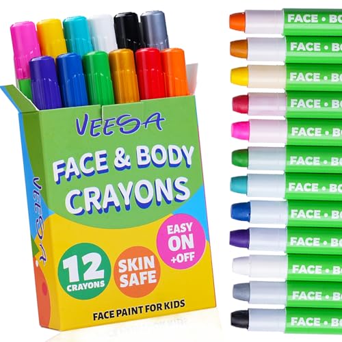VEESA Face Paint Crayons, 12 Colors, Washable & Twistable Face Painting Kit for Kids & Adults, Non-Toxic, Easy to Remove