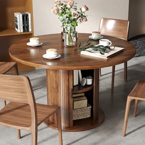 SoarFlash 47 Inch Round Dining Table for 4-6, Circle Farmhouse Kitchen Table with Storage Space, Wood Strip Base for Dining Room, Living Room, Lunch (Dark Brown)