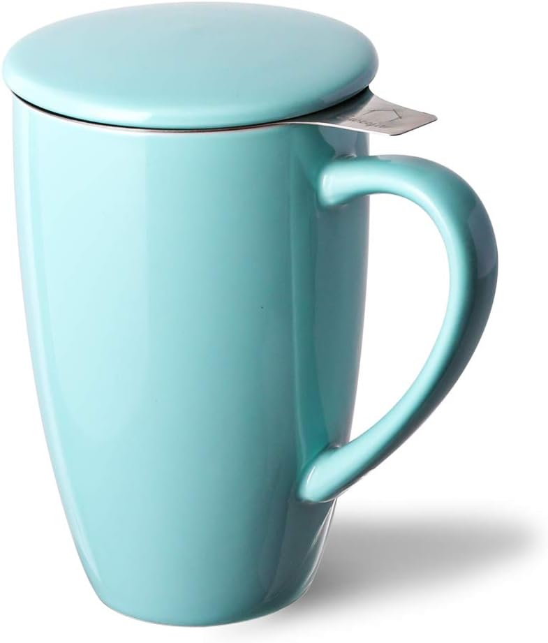 - Porcelain Tea Infuser Mug with Lid, 16 oz Teacup with Strainers for Loose Leaf Tea, Microwave and Dishwasher Safe Coffee Mug(Turquoise)