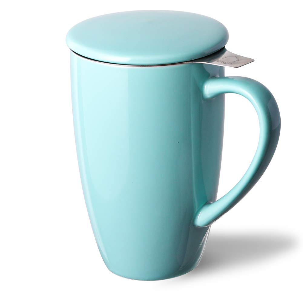 Porcelain Tea Infuser Mug with Lid, 16 oz Teacup with Strainers for Loose Leaf Tea, Microwave and Dishwasher Safe Coffee Mug(Turquoise)
