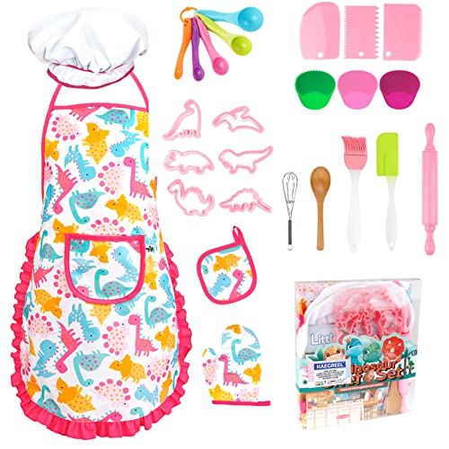 KAEGREEL Kit Petit Chef Cuisine Enfant avec Tablier Dinosaure, 26 Pièces Jouet Cuisine Ustensile avec Toque Cuillères Fouet, Chef Jeu de Rôle Cadeaux pour Garçons Filles 3 4 5 6 7 Ans (Rose)