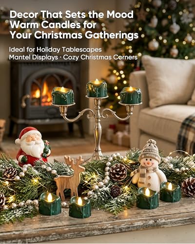 Image of Homemory 24 Pack Green Dripping Flameless LED Tea Lights, 1.58 inch x 1.2 inch Battery Operated Flickering Fake Candles, 200+ Hours Electric Votive Tealights for Wedding, Halloween, Christmas Centerpieces