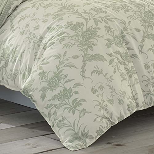 Image of Laura Ashley - Twin Comforter Set, Soft & Reversible Cotton Bedding, Medium Weight 5 Piece Bed Set with Matching Pillowcase, Euro Sham & Bonus Throw Pillows (Natalie Green)