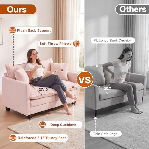 Image of 50'' Loveseat Sofa Cloud Sofa Couch, Modern Loveseats 2 Seat Couch 27 inch Deep Seat with 2 Pillows for Small Spaces Apartment Studio Office Bedroom Living Room, Pink
