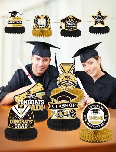 Image of 9Pcs Graduation Centerpieces for Tables 2026 - Graduation Table Decorations Black and Gold Honeycomb Centerpiece Class of 2026 Congratulate Table Toppers Congrats Grad Party Supplies