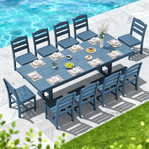 Image of SERWALL Outdoor Armless Dining Chairs Set of 4, All-Weather HDPE Patio Chair with 19.7 inch Widened Seat, for Backyard, Garden, Blue