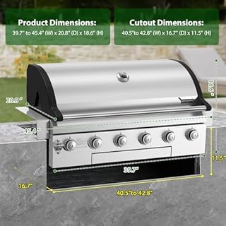 Brand-Man Propane Gas Grill, 40-Inch 6-Burner Built-In Head BBQ Island Outdoor Kitchen, Natural Gas Convertible, Heavy Duty 304 Stainless Steel, 60,000BTUs