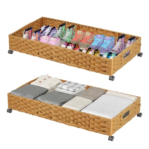 Gvztxoe Under Bed Storage Containers with Wheels, 2 Pack 31.5in / 35L Handmade Rattan Underbed Organizer Drawer, Tool-free Assembly Rolling Under Bed Storage Bins for Shoes Clothes Toy Book