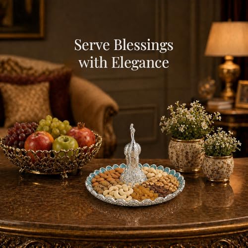 Image of Diviniti German Silver Peacock Decorative Tray for Home Decor | Luxury Dry Fruit & Sweet Serving Platter with Blue Enamel Feather Design | Premium Decorative Gift Hamper Plate with Elegant Gift Box
