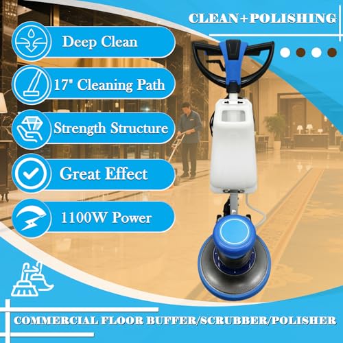 EQCOTWEA Commercial Industrial Floor Scrubber Polisher 17\" Heavy-Duty Buffer Machine for Hardwood, Marble, Epoxy & Carpet 1100W Low-Noise Floor Cleaning & Waxing Machine 110V