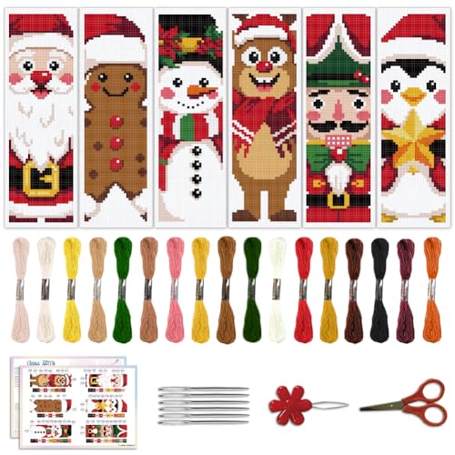 Image of ACRNIGHEET 6PCS Christmas Cross Stitch Bookmark Kit for Beginner Stamped Cross Stitch Kits for Adults DIY Embroidery Bookmark Kits with English Instructions Hand Craft Gift 8.5''x3'' 11CT