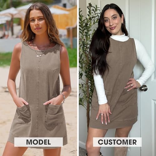 Image of EXLURA Womens Sleeveless Denim Dress Casual Summer Crewneck A Line Overall Mini Dress Jean Jumper Pinafore with Pockets 2025
