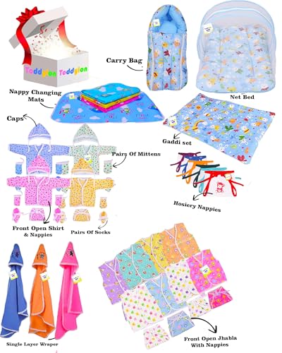 Image of Toddylon 56 in 1 New Born Baby Products All | Gift Packs | Maternity Kit | Baby Clothes | Baby Bedding Set | Essentials Items | Baby Shower | Combo Pack | Infants (Multicolor, 0-6 Months)
