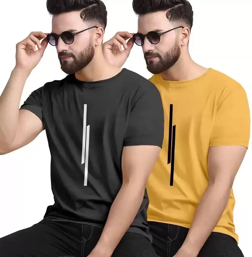 Image of Classic Men Solid Polyester Round Neck Tshirt || 11 Lines Graphic, Regular Fit, Comfortable T-Shirt for Men (Pack of 2)