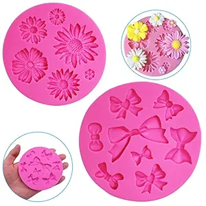 Diyclan Decorative Silicone , Chrysanthemum Flower and Bow Tie Shaped, Chocolate Fondant Clay Sugar Craft Soap Decoration DIY Baking Cake Moulds Tool, Pink -2 Pieces