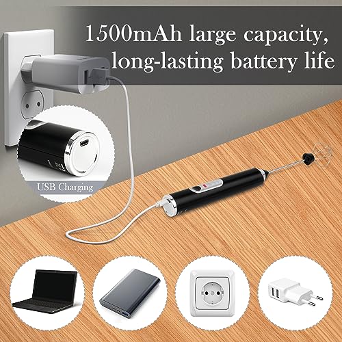 Montalatte Elettrico Cappuccino, Frullino Elettrico USB Ricaricabile Schiumatore Latte, Elettrico Schiuma Latte 3 Velocità Regolabile per Cappuccino, Matcha, Caffè Schiumoso, Latte (Frother-Nero) - 6