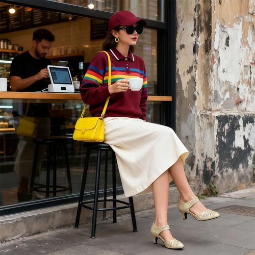Image of Women's Comfortable Mary Jane Pumps Vintage Cutout Closed Toe Kitten Heels for Dressy Office Work