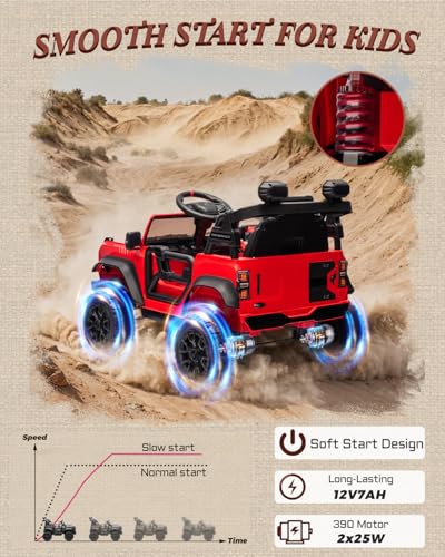 Image of First Ride On Ford Bronco Raptor Licensed 12V Ride on Toys, Kids Ride on Car with Remote Control, Electric Car for Toddler with Smooth Start, Openable Doors, MP3 Player, 3 Speeds (12V, Red)
