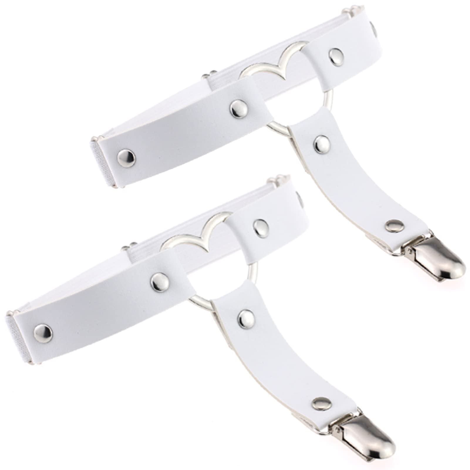 Adove Women's 2P White Heart-Shaped Adjustable Leather Thigh Garter, Heart Shaped Leg Garter With Clips Punk Goth Garters For Thigh High Socks