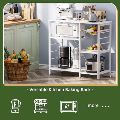 Scaffale da cucina, supporto per forno a microonde con struttura in bambù, barra da caffè da 90 cm con cestino in filo e 6 ganci per cucina, soggiorno, ufficio, Bianco - immagine 4