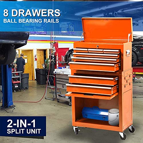 8-Drawer Rolling Tool Chest,Big Tool Chest and Tool Storage Cabinet,Tool Chest with 4 Wheels,Removable Portable Top Box with Lock Tool Chest for Garage and Warehouse (Orange)