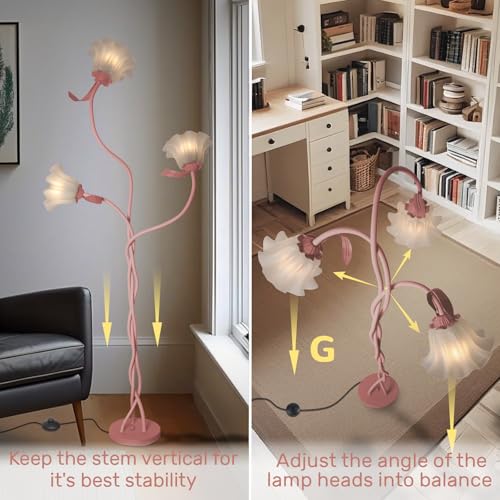 Vintage 3 Heads Flower Floor Lamp for Living Room,3 Color Modes LED Modern Corner Standing Lamp with Goosenecks, Bright Tall Cute Dimmable Lamp for Kids Reading Girls' Bedroom Office Home Decor(Pink)