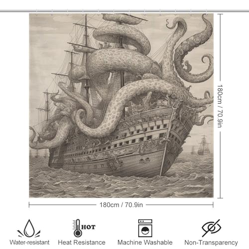 Rideau de douche imperméable 183x183 cm résistant motif pieuvre voile pirate