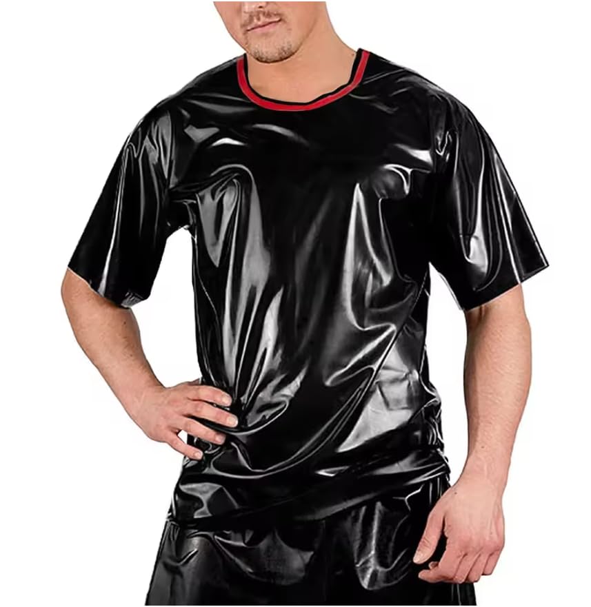 Męskie koszulki klubowe patchworkowe z krótkim rękawem PVC skórzane topy bodycon outdoorowa odzież uliczna personalizacja