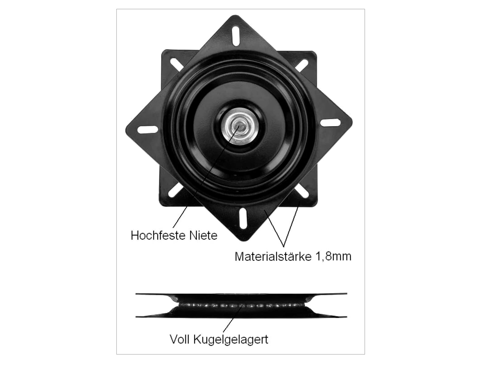 Plateau tournant 245 x 245 mm - Plateau rotatif - Roulement à billes - Roulement à bride - Noir