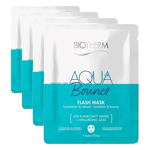 Biotherm, Aqua Bounce Flash Mask, Masque Tissu Hydratation Flash & Rebond Instantané, Hydrate la Peau en Profondeur & Repulpe, Enrichi en Acide Hyaluronique & Biotech Plankton, Tous Types de Peau