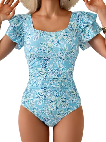 Image of Eomenie Women's Tummy Control One Piece Swimsuit Ruffle Square Neck Bathing Suit Ruched Cutout Back Slimming Swimwear