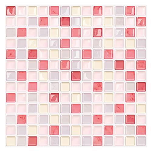 MORCART タイルシール 防水 耐熱 キッチン 洗面所 トイレ DIY 家具やアイテムの装飾 タイルシート 壁紙シール 3D リメイクシート (25x25cm, 4枚, モザイク・ピンク)