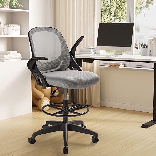 Devoko Drafting Chair Tall Office Chair With Flip-Up Armrests Executive Computer Standing Desk Chair With Lockable Wheels And Adjustable Footrest Ring (Light Grey) #TOP6