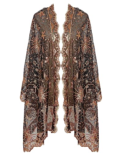 L'VOW Women's Glittering 1920s Scarf Mesh Sequin Wedding Cape Fringed Evening Shawl Wrap