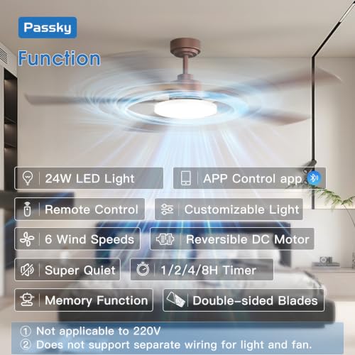 Image of Passky 60 Inch Brown Sleek Ceiling Fans with Lights, Remote Control | 3-color dimmable light, quiet reversible DC motor, easy install, memory, Timer, APP, bedroom, covered outdoor areas