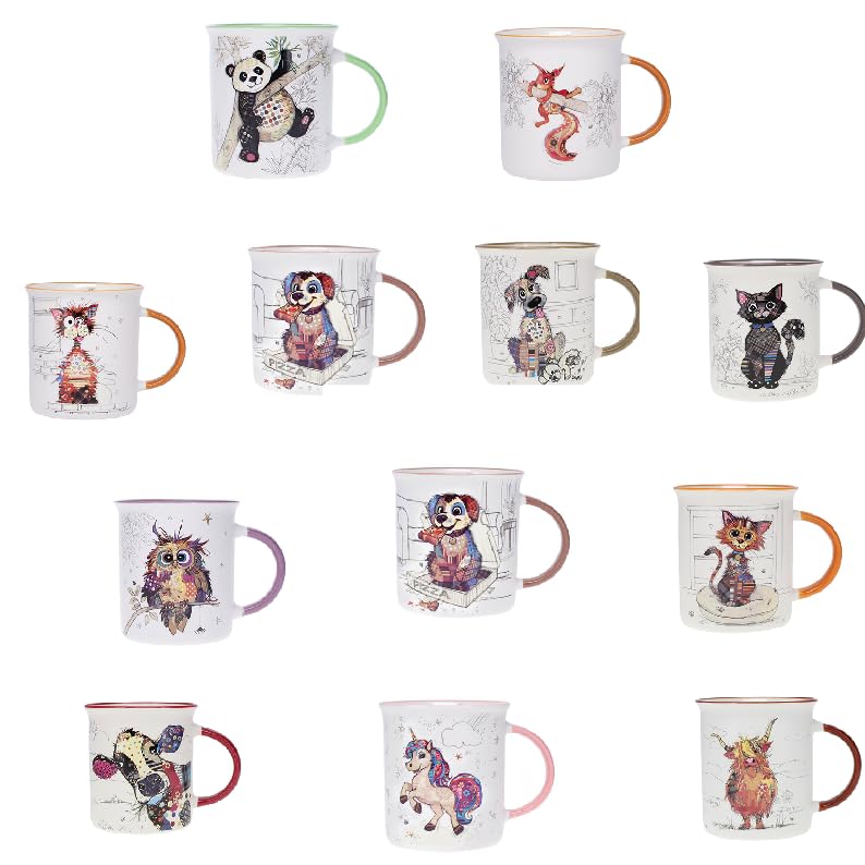 KIUB Opakowanie 12 kubków ze zwierzętami (kot, pies, wiewiórka, panda, jednorożec ...) pojemność 320 ml - wysokość 9,5 cm (3,7 cala) - porcelana