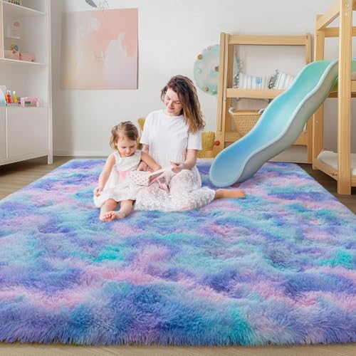 Ailyei Ultra Soft Rugs for Living Room 6x9 Purple Rainbow, Large Big Shag Area Rug for Girls Kids Bedroom Nursery, Modern Fluffy Plush Carpet for Room Dorm Home Decor, Upgrade Non-Slip