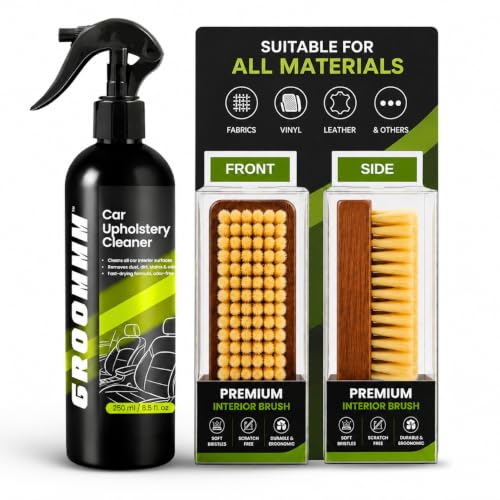 Image of GROOMMM Car Interior Cleaning Kit 250ml - Upholstery & Fabric Cleaner Spray with Cleaning Brush | for Car Seats, Roof Liner, Door Fabric & Seat Covers | Removes Tough Stains from Leather & Vinyl