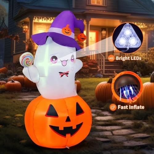 Image of GOOSH 5 FT Halloween Inflatables Ghost Outdoor Decorations Blow Up Yard Cute Ghost Sitting on Pumpkin Helding a Lollipop with Built-in LEDs for Garden Lawn Indoor Party Decor
