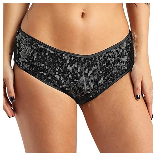 ranrann Women's Glittery Sequins Shiny Metallic Booty Shorts Low Waist High Cut Thong Underwear Black Medium